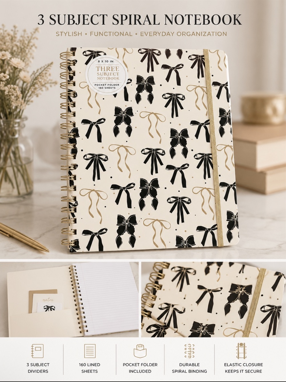 James Burke Bow Print 3-Subject Spiral Notebook in Black & Gold